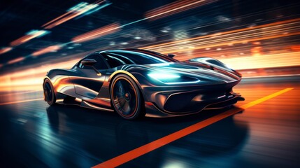 Photo of sports car accelerating on a neon highway. Powerful acceleration of a supercar on a night track with lights and tracks. Car lights at night, long exposure