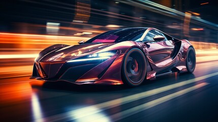 Photo of sports car accelerating on a neon highway. Powerful acceleration of a supercar on a night track with lights and tracks. Car lights at night, long exposure - obrazy, fototapety, plakaty