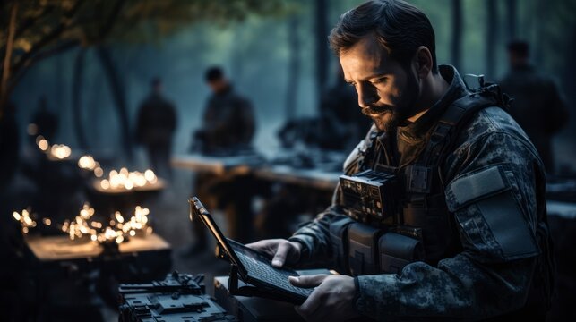 Photo of uniformed soldiers analyzing data on tablets and practicing drone tactics in a makeshift base. Artificial intelligence programming control Online coordination of military teams