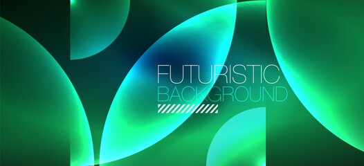 Abstract background with neon glowing light effects. Round shapes, triangles and circles. Wallpaper for concept of AI technology, blockchain, communication, 5G, science, business and technology