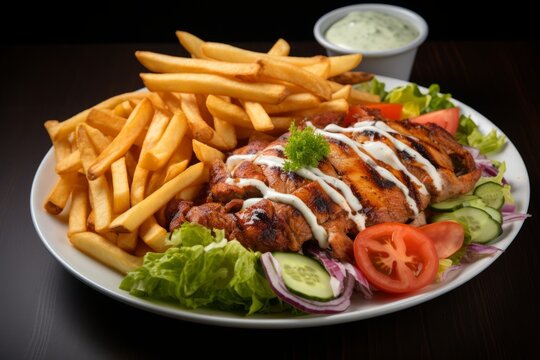 Indulge in the Irresistible Delight: A Mouthwatering Capture of the Delectable Kapsalon, Bursting with Succulent Kebab, Crispy Fries, Fresh Salad, and Heavenly Sauce