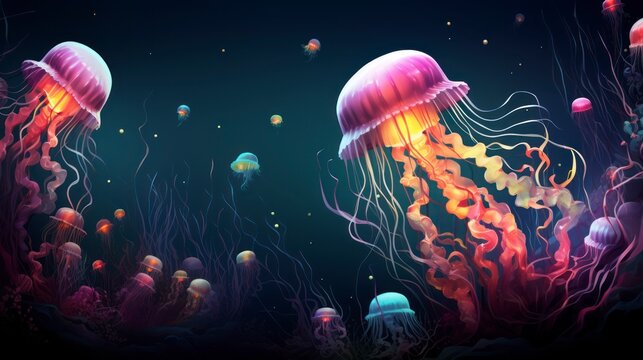 Vector art of creative ocean landscapes with jellyfish, octopus, narwhal, crab and seahorse.