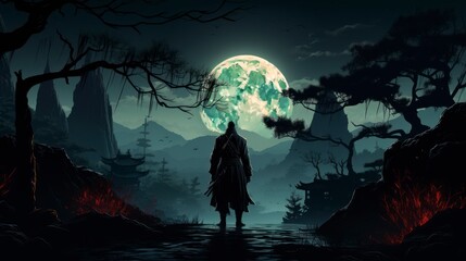 Vector art of a terrifying Ronin standing in the forest at night. Black silhouette of Japanese samurai warrior against forest at night - obrazy, fototapety, plakaty