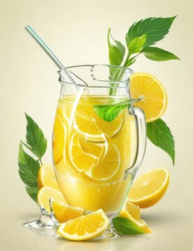 Lemonade with lemon and mint in a glass on a beige background