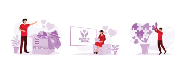 Collect used clothes. Online donation platform. Symbol of helping others. Donate concept. Set Trend Modern vector flat illustration