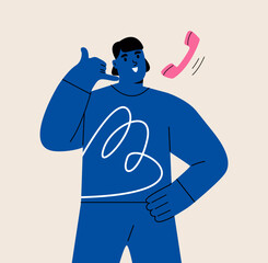 Happy woman use body languages asking to call on cellphone. Colorful vector illustration