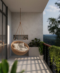 A modern beautiful home balcony with a hanging wicker armchair lounge and a beautiful nature view.