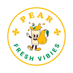 Sticker of character pear juice or smoothie in cartoon style. Isolated vector label of groovy fruit drink mascots in retro style on transparent background for logo, emblem and your design