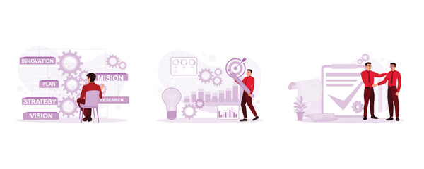 Analyze the company's work processes virtually. Company planning strategy for success. A collective agreement is a work contract. Vision Statement concept. Set Trend Modern vector flat illustration