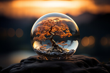 small size tree in a galss globe with natural background, environment concept