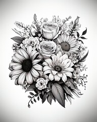 A Drawing of a bouquet of wild flowers and sunflowers