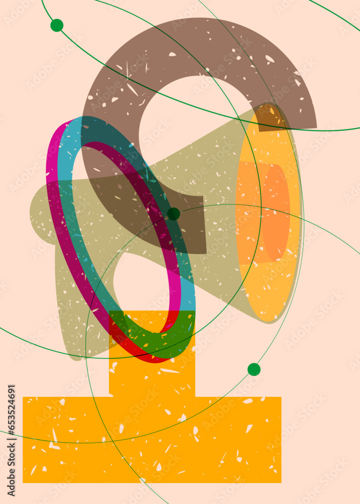 Poster risograph megaphone with geometric shapes. object in trendy riso graph design with geometry elements