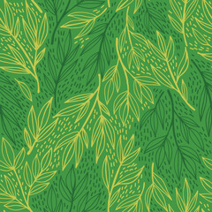 Plants vector seamless pattern. Green botanical background, many small green and yellow leaves. Calm natural pattern for wrapping, textile, print, fabric.