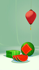 Illustration of a Tet Nguyen Dan (Lunar New Year) decoration set, including watermelon slices, square sticky rice cakes (banh chung), and ornamental lanterns, set against a pastel green background.