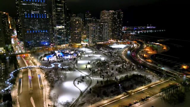 Aerial Drone View Of Maggie Daley Park Ice Skating Ribbon In Randolph Street, Chicago, Illinois, USA. 