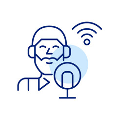Young man with a bear at a studio microphone. Recording a podcast. Pixel perfect, editable stroke icon