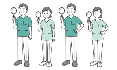 虫眼鏡を持つ歯科医男女 斜め