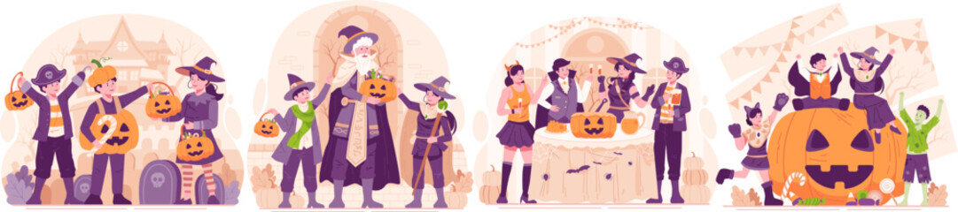 Obraz na płótnie Canvas Illustration Set of Halloween. Happy People Dressing Up in Various Halloween Costumes Celebrating Halloween. Halloween Party and Trick or Treat Concept