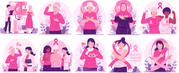 Mega Illustration Set of Breast Cancer Awareness Month. Women With Ribbons Pink As a Concern and Support for Women With Breast Cancer