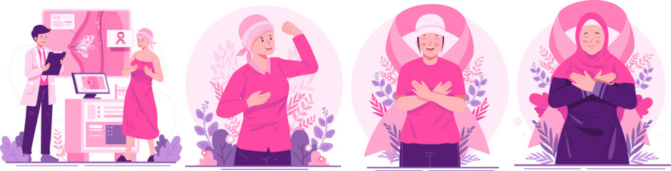 Illustration Set of Breast Cancer Awareness Month. Women With Ribbons Pink As a Concern and Support for Women With Breast Cancer