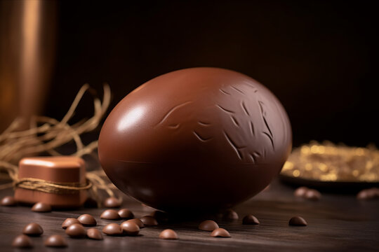 A big happy Easter chocolate egg a dark background and a wooden table