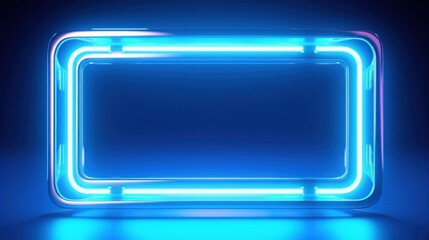 3D Blue rectangular retro frame with glowing lamps on dark background. - obrazy, fototapety, plakaty