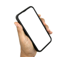 hand holding black phone on transparent background png file