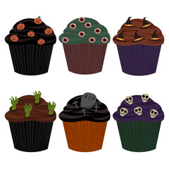 cupcake, pumpkin, party, vector, holiday, illustration,  candy, spooky, cartoon, sweet, dessert, set, treat,  scary, cute, decoration, bat, food, fun, cake, ghost, spider, 