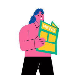 Business woman gathering news reading newspaper. Flat vector illustration isolated on white background