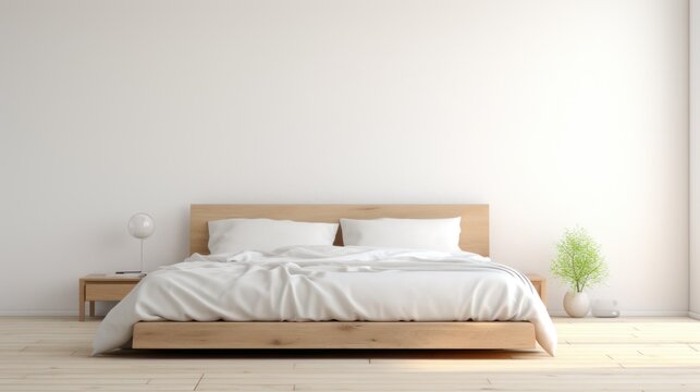 Empty bedroom with white bed and pillows
