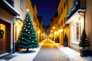 Fototapeta na wymiar Twinkling Lights and Christmas Tree Magic Nighttime Street Celebration, AI Generated