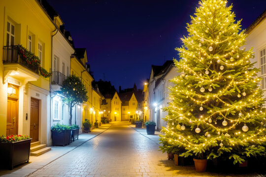 Enchanting Christmas Tree Decoration on a Festive Night Street Holiday Lights, AI Generated