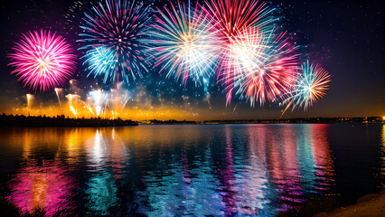 fireworks over the lake background wallpaper, fireworks festival celebration illustration, colorful night sky, new year fireworks celebration near the lake or river illustration background
