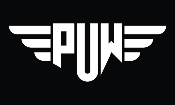 PUW three letter logo, creative wings shape logo design vector template. letter mark, word mark, monogram symbol on black & white.