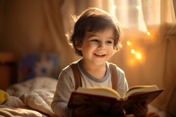 A child reads a book warm light