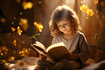 A child reads a book amidst an imaginary