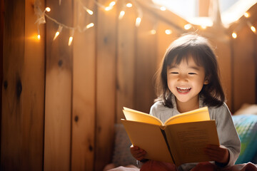 A child reads a book with funny and happy