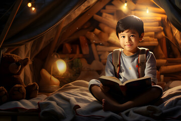 a portrait of asian boy reading a book ,The lighting is bright and sterile