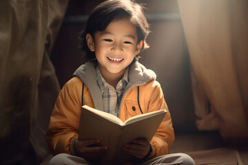 a portrait of asian boy reading a book