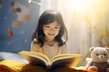 a portrait of asian girl reading a book