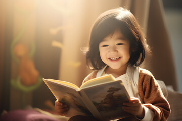 asian boy happy reading a book