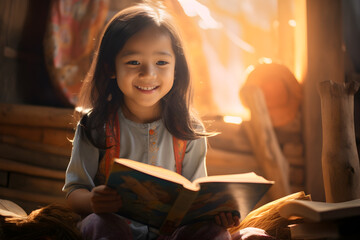 asian girl happy reading a book