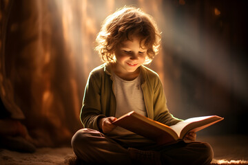boy reading a book ,The lighting is bright and sterile