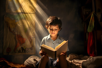 boy reading a book tone of the image is sunny