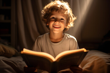 boy smiling happy reading a book tone of the image is sunny