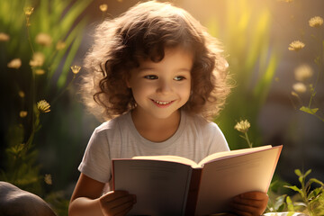 A child reads a book amidst an imaginary flower garden