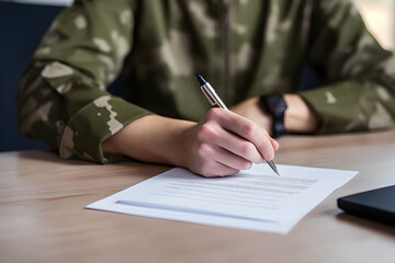  close up of unrecognizable military woman signing contract in office copy space 