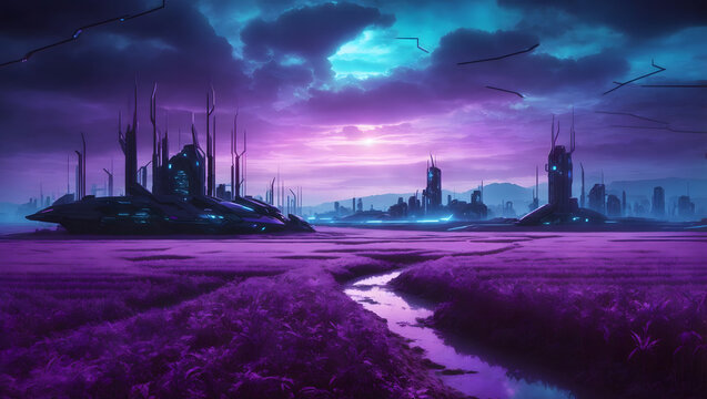 Dystopian Cyberpunk Rice Field of Nightmares