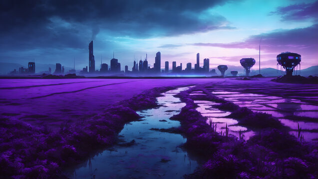 Dystopian Cyberpunk Rice Field of Nightmares