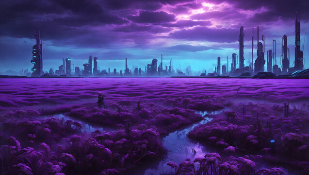 Dystopian Cyberpunk Rice Field of Nightmares